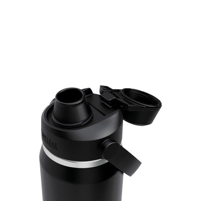 A drink bottle in black with a silver band, featuring a lid and a straw opening, and a branding logo.