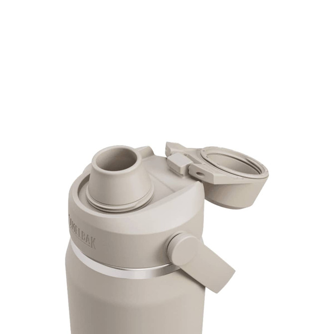 A drink bottle in light beige with a secure lid and spout, featuring a logo on the side.