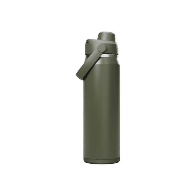 A drink bottle in an olive green colour, featuring a tight-fitting lid and a carry handle. It has a logo on the side.