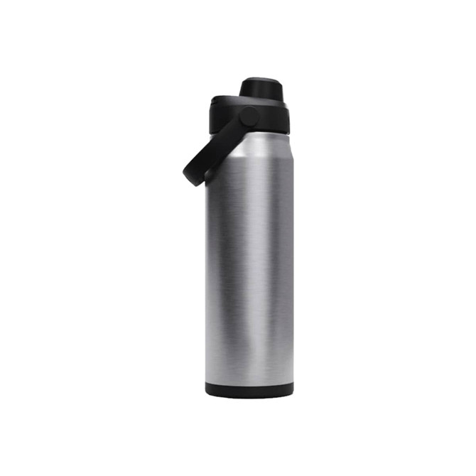A drink bottle made of stainless steel, featuring a black lid and handle, with a sleek, metallic finish.
