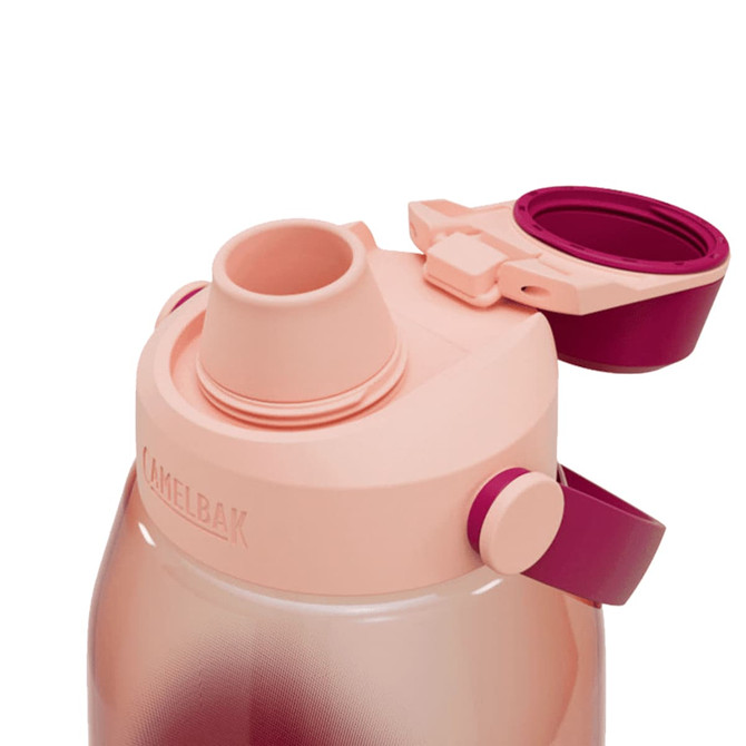 A drink bottle in light pink with a twist-off lid and a built-in straw, featuring a logo on the side.