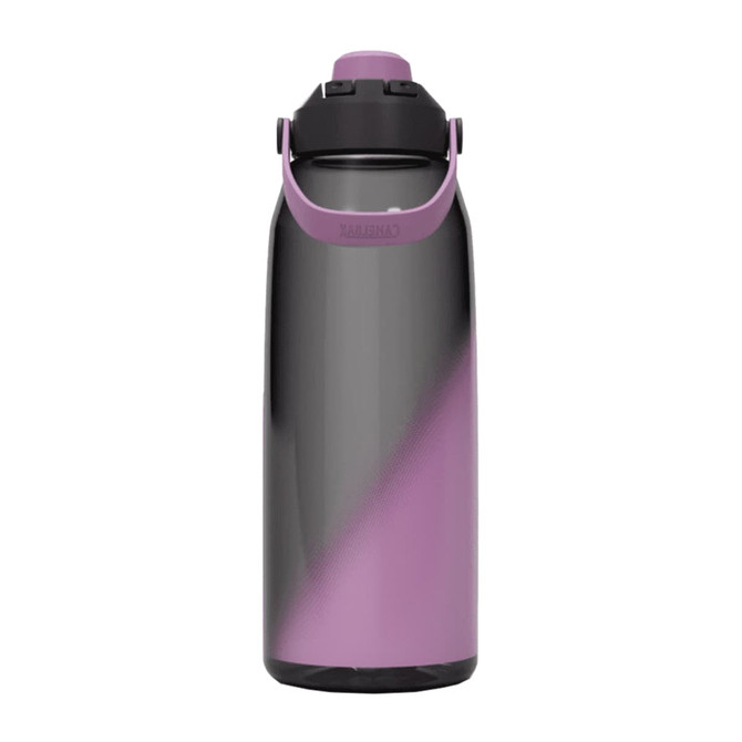 A drink bottle with a gradient design, transitioning from purple to black, featuring a black cap and handle.
