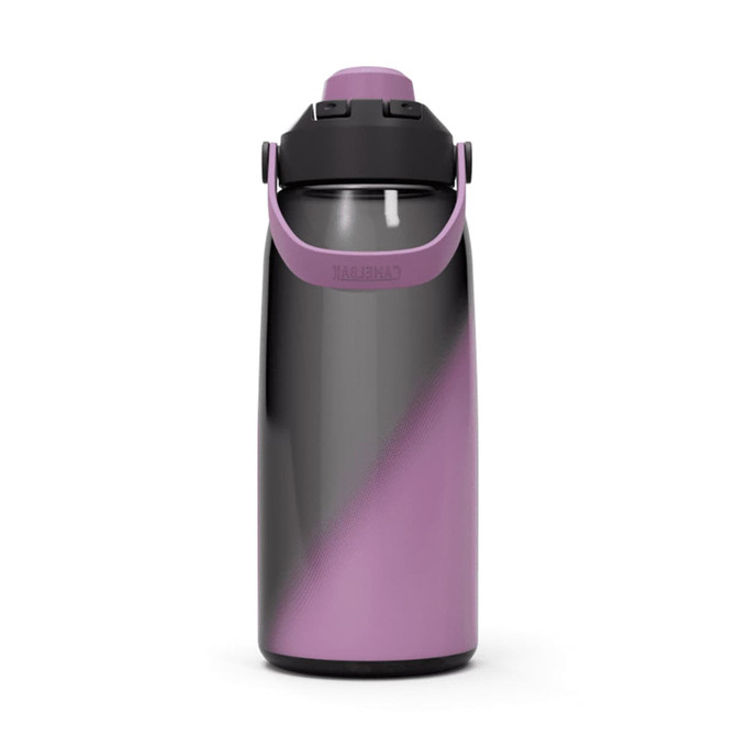 A drink bottle with a gradient black and lavender design, featuring a black lid and handle, with a logo.