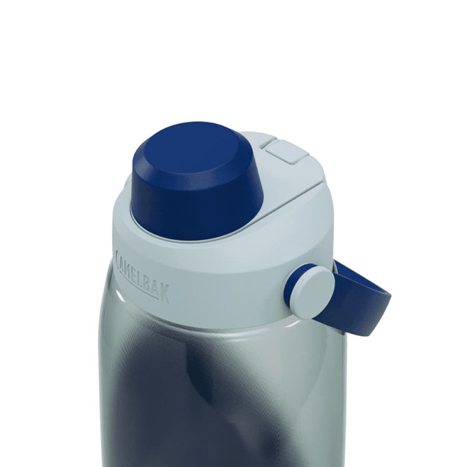 A drink bottle with a grey body and blue lid, featuring a spout and a handle, with a logo on the cap.
