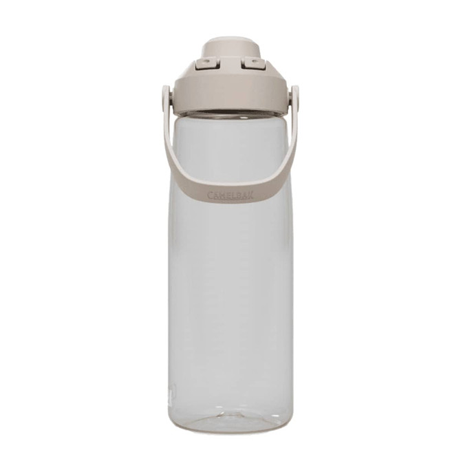 A drink bottle in clear plastic with a beige cap and handle, featuring a logo on the body.