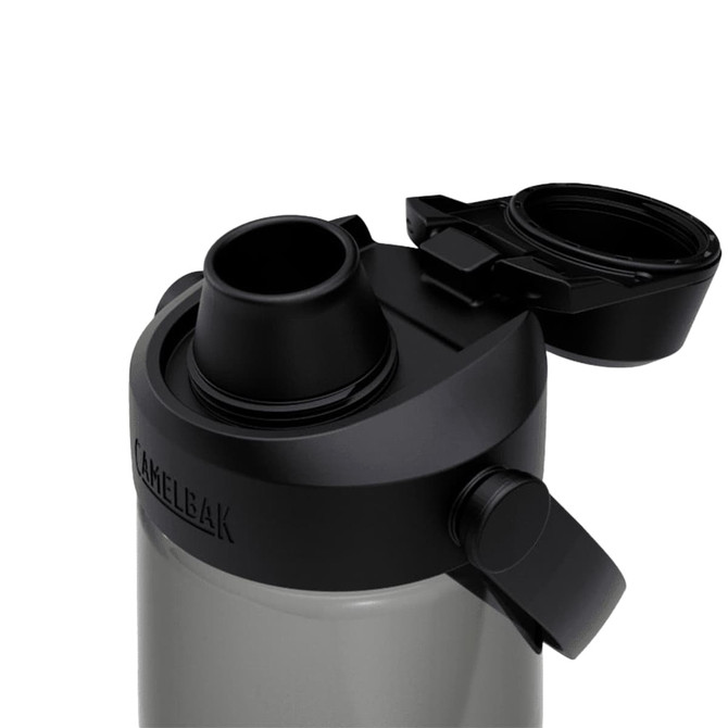 A drink bottle with a grey body and black cap featuring a spout and a logo on the side.