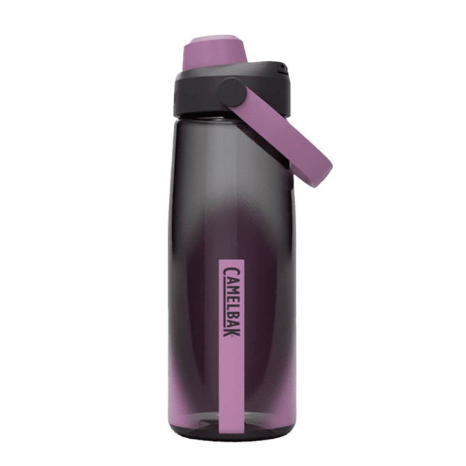 A drink bottle featuring a gradient design in purple and black, with a grey cap and a logo on the side.