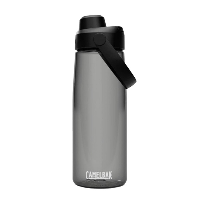 A drink bottle in a translucent grey colour with a black lid and spout, featuring a handle and a logo.