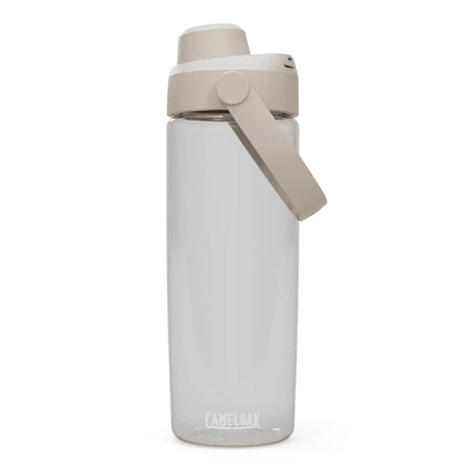 A drink bottle with a clear body and a beige lid, featuring a flip-top spout and a handle. It has a logo.