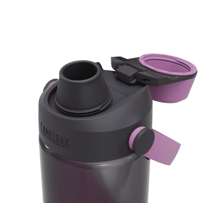 A drink bottle in dark grey and purple, featuring a spout and a secure lid. The bottle has a logo.
