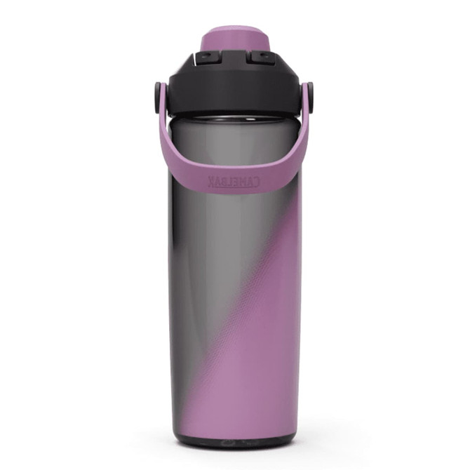 A drink bottle in black and purple, featuring a handle and a black lid. It has a logo on the side.