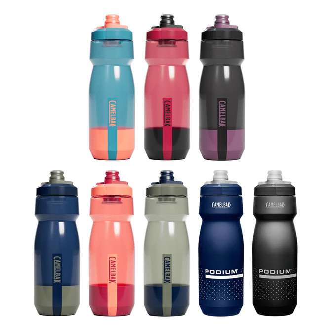 A drink bottle assortment featuring various colours, including blue, pink, grey, and black, with different designs and a logo.