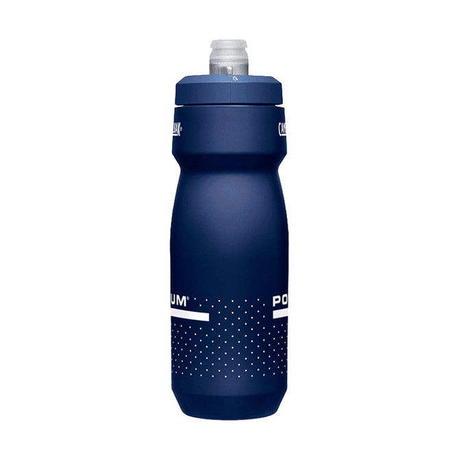 A drink bottle with a navy body and a flip top, featuring a logo and a dotted design.