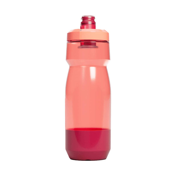 A drink bottle in shades of red with a removable cap and a built-in spout. It features a logo on the side.