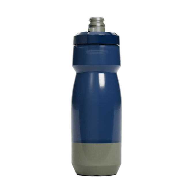 A drink bottle in navy blue and grey, featuring a screw-top lid and a branding logo.
