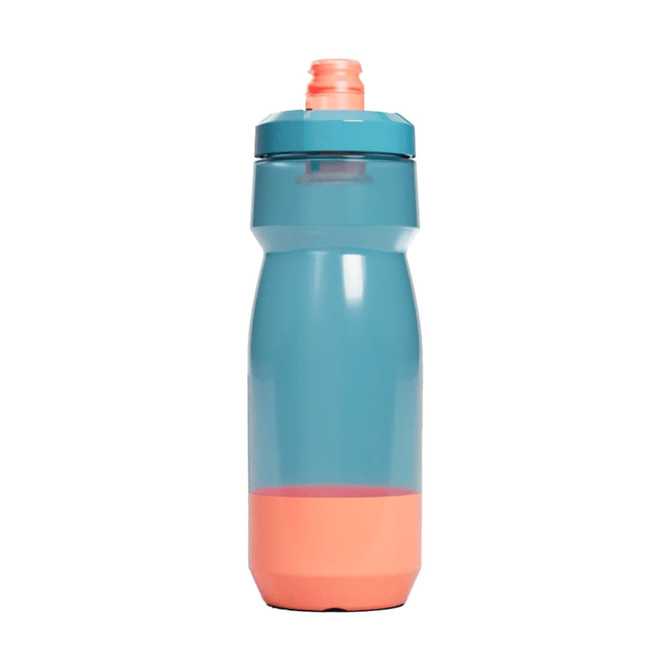 A drink bottle in teal and coral, featuring a screw-on lid and a built-in spout. It has a branded logo.