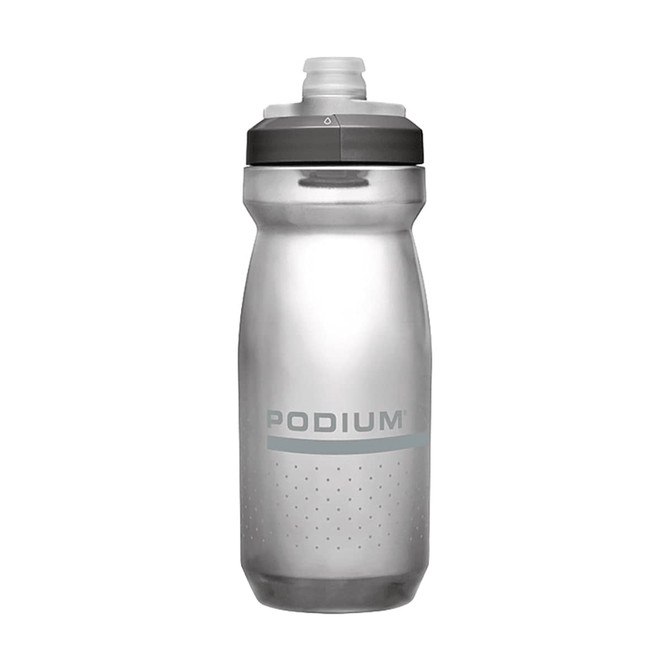 A drink bottle in clear and grey, featuring a wide mouth and a sports cap, with a logo on its side.