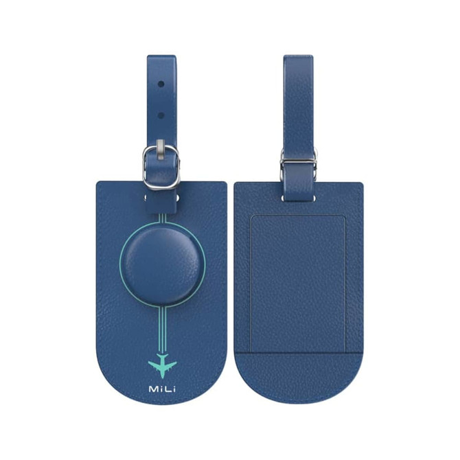 A blue luggage tag with a round attachment, featuring a logo and a sleek design for easy identification.