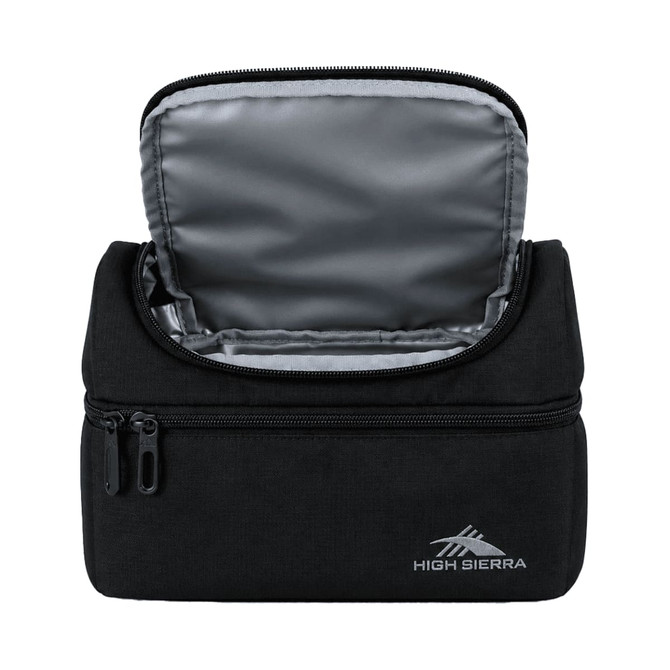 A black insulated lunch bag with a zippered opening and grey interior, featuring a logo on the front.