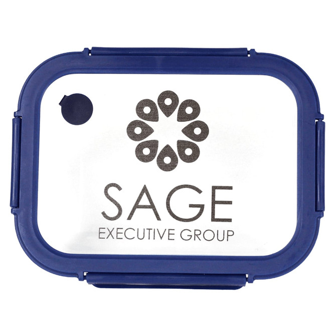 A glass lunch box with a blue lid and a logo on the front, featuring an oval design and the word "SAGE".