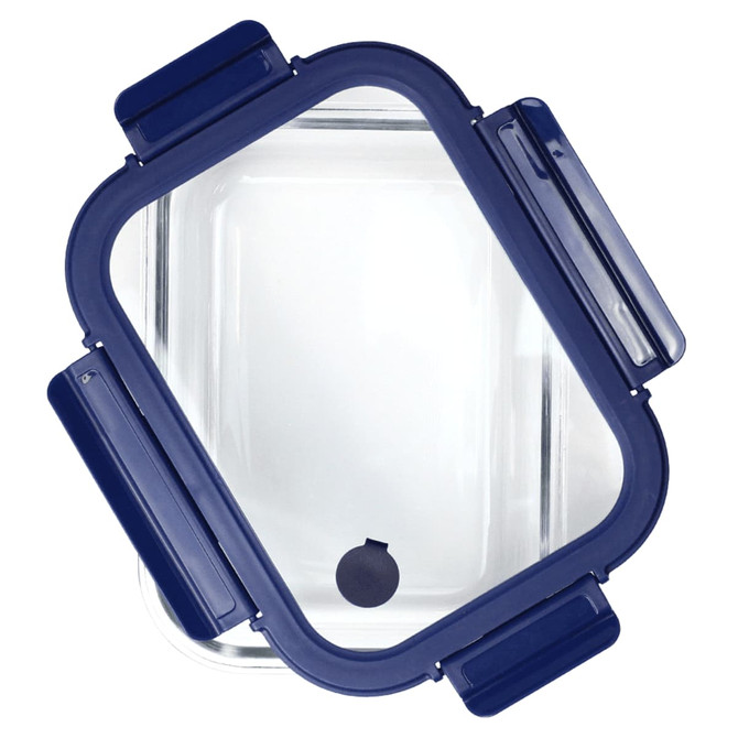 A glass lunch box with a navy blue lid and clips, featuring a square shape and a small silicone vent.