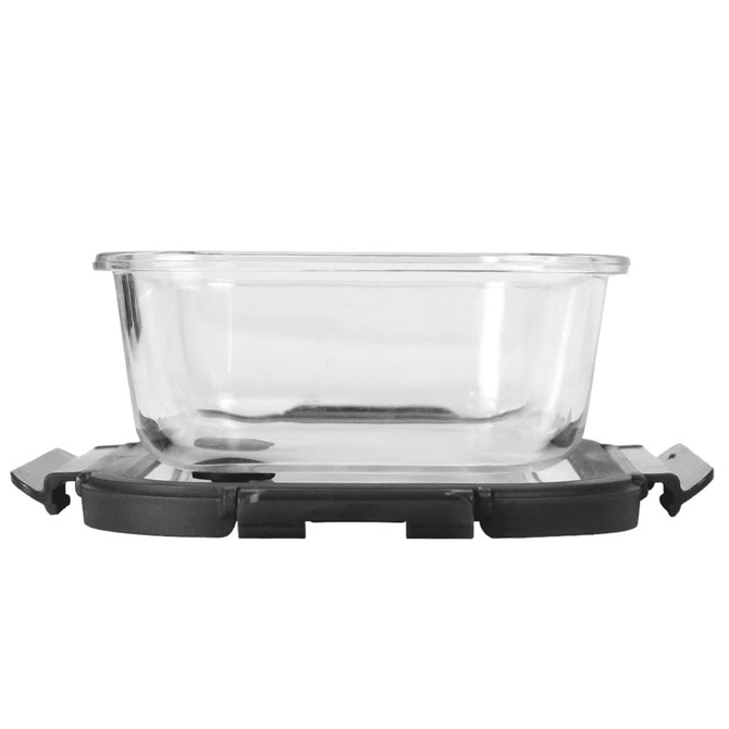 A glass lunch box with a transparent container and a black plastic lid featuring secure clips.
