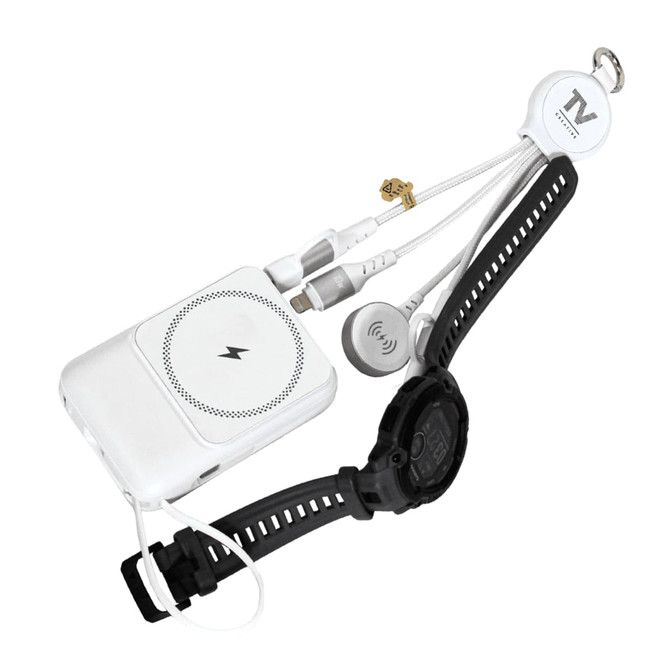 A 6-in-1 multi charging cable in white with various connectors, attached to a watch and headphones, featuring a logo.