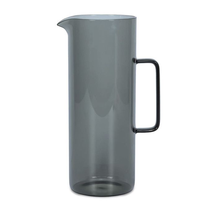 A drink bottle in a sleek, smoky grey colour with a prominent handle and a spout, featuring a logo.