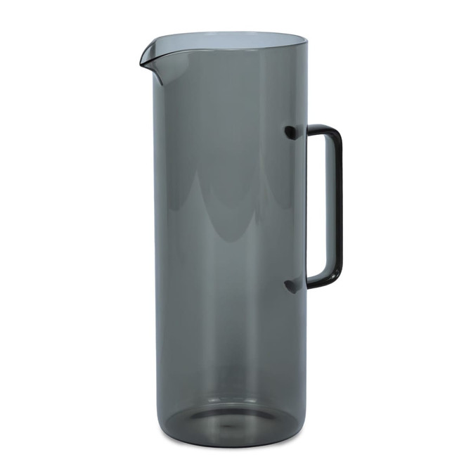 A drink bottle in a sleek, smoky grey colour with a handle and a spout. It features a branding logo.