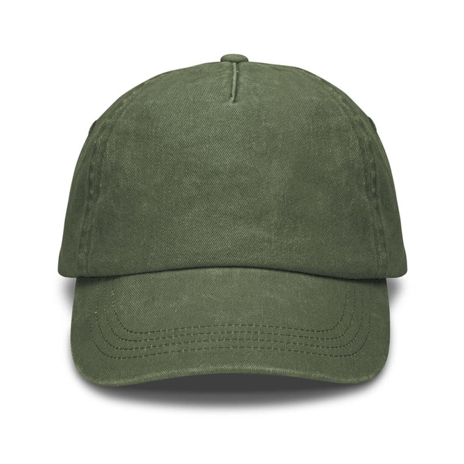 A vintage washed cap in olive green with a curved brim and a logo on the front.