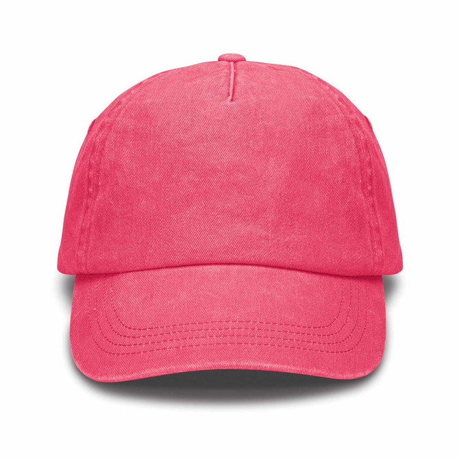 A vintage washed cap in a vibrant pink colour with a curved brim and an adjustable strap at the back.
