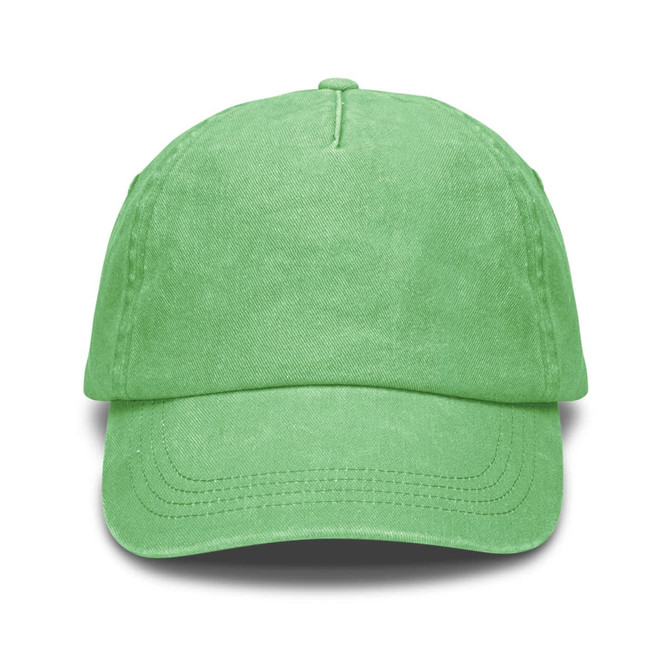 A vintage washed cap in bright green, featuring a structured crown and a curved brim, with a logo on the front.