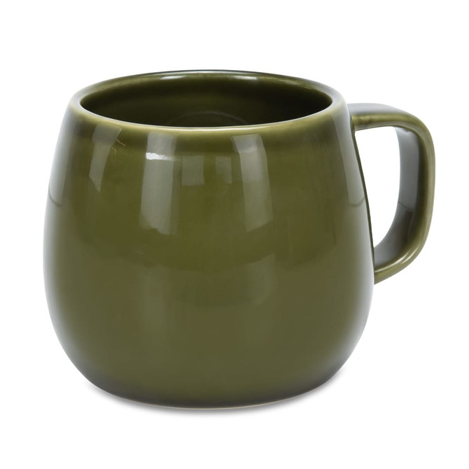 A set of two rounded coffee mugs in a glossy olive green finish, featuring a handle and a smooth surface.