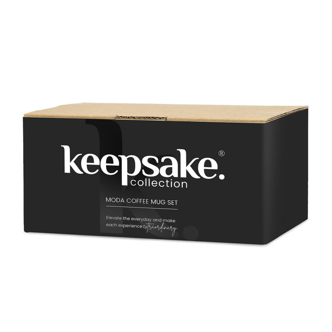 A coffee mug set packaging featuring a black box with a logo, designed for Keepsake Moda.