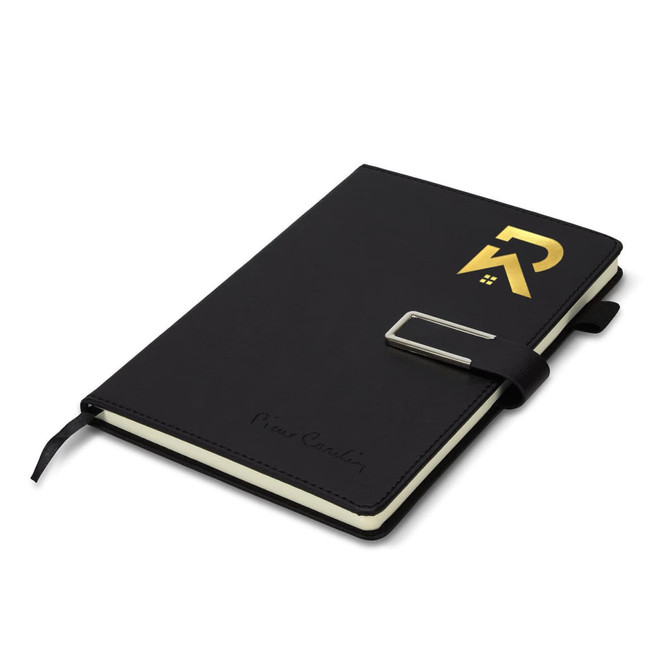 A black weekly diary with a clasp closure and a logo, featuring a sleek leatherette cover.