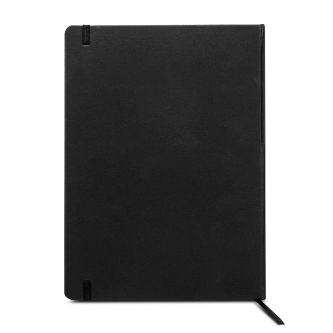 A black A4 diary with a smooth cover and ribbon bookmark, featuring elastic closure and a logo.