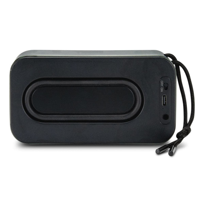 A black bass speaker with a smooth surface, featuring a USB port and a cord for easy carrying.