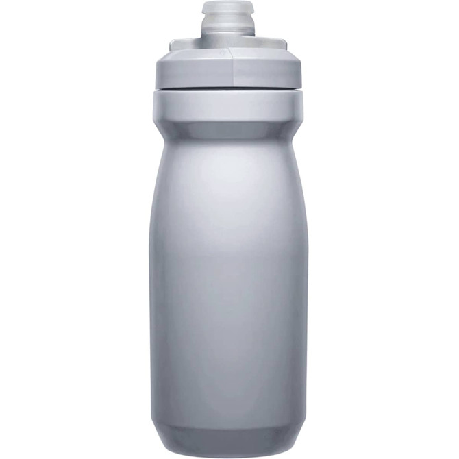 A drink bottle in a sleek, plain grey colour with a screw-on cap and a logo on the side.