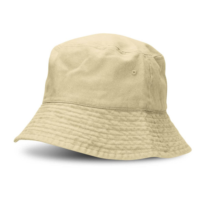 A beige bucket hat with a wide brim and textured surface, featuring a branding logo.