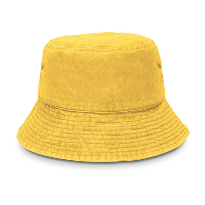A yellow bucket hat with a wide brim and textured fabric, featuring side ventilation holes.