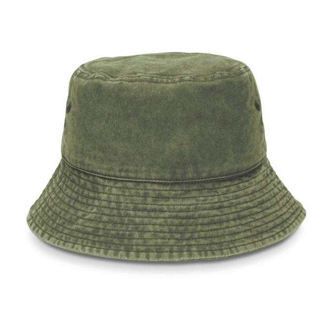 A green washed bucket hat with a wide brim and textured finish, featuring ventilation holes on the sides.