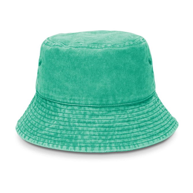A green washed bucket hat with a round crown and wide brim, featuring small side vents and a textured finish.