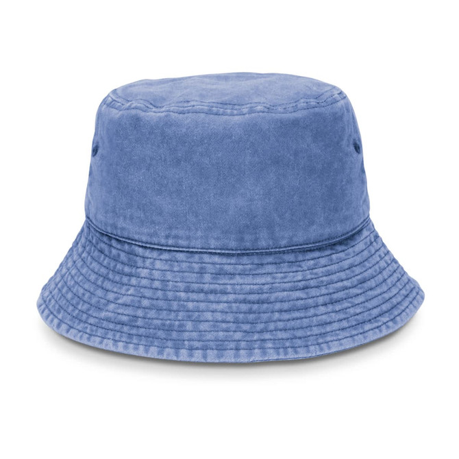 A blue washed bucket hat with a wide brim and textured fabric. Features ventilation holes and a logo.