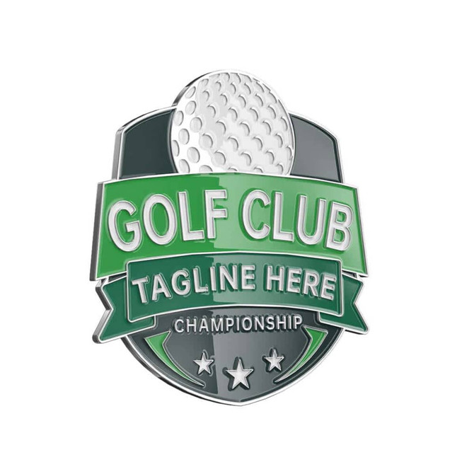 A golf ball marker featuring a golf ball design, green and silver colours, and a logo with a banner.
