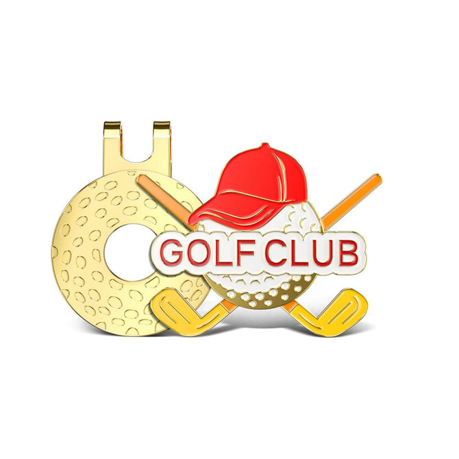 A gold soft enamel golf hat clip featuring a golf ball with a red cap and crossed clubs.