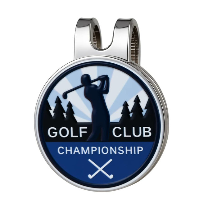 A silver golf hat clip featuring a circular design with a golfer silhouette and trees. It has a logo.