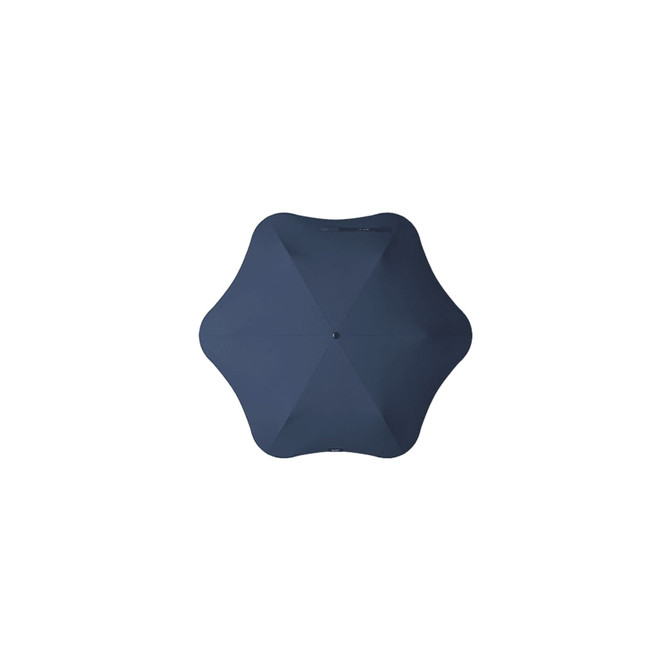 A navy blue umbrella with a unique star-shaped design, featuring a central opening and a logo.
