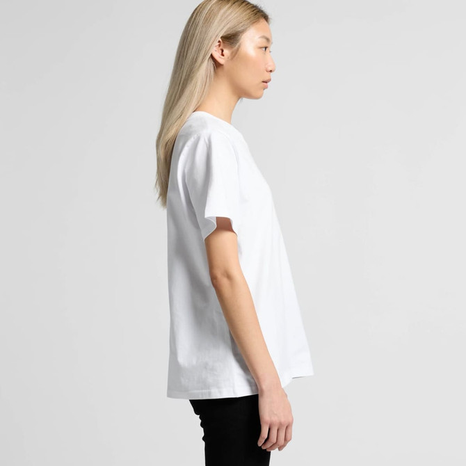 A white T-shirt featuring a relaxed fit and a logo, displayed from the side.