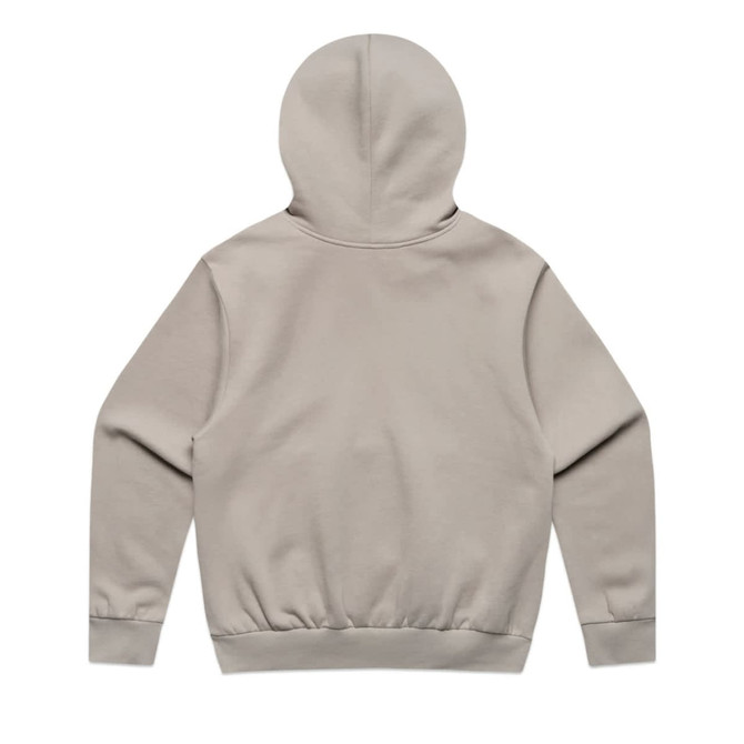 A beige hoodie with a back view, featuring a hood and waistband. It has a simple design and includes a logo.