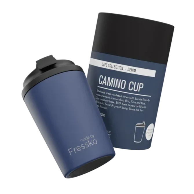 A reusable cup in denim blue and black, featuring a stainless steel interior and a sleek design, with a logo.